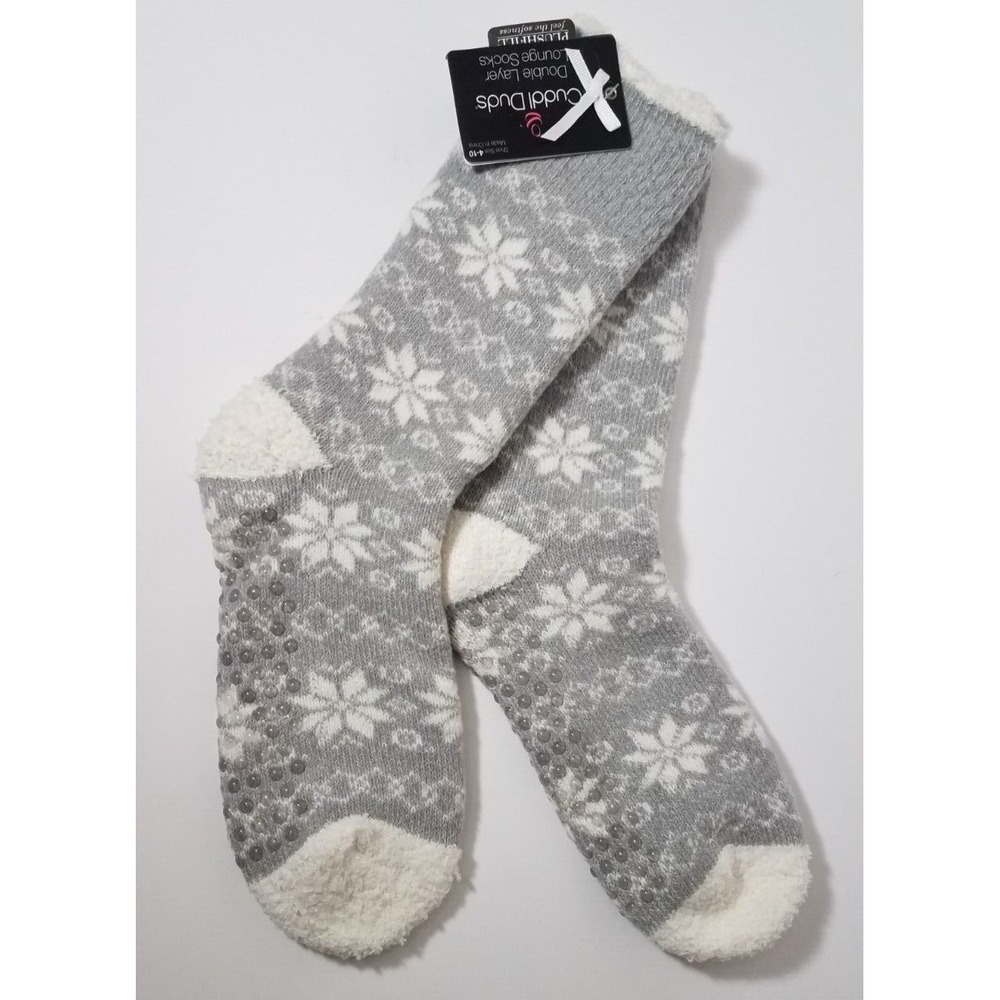 Cuddl Duds Socks Women 4-10 Double Layer Lounge Plush Non-Skid Bottoms Gray NEW